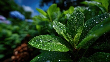 Dewy Green Leaves Against Bright Blue Sky