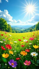 Obraz premium Sun-drenched meadow, vibrant wildflowers bloom , blossoms, butterfly, rural