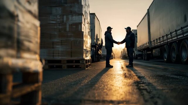 Backlit handshake between truck drivers at dawn &mdash; low-angle dolly push-in through trailers on wet tarmac