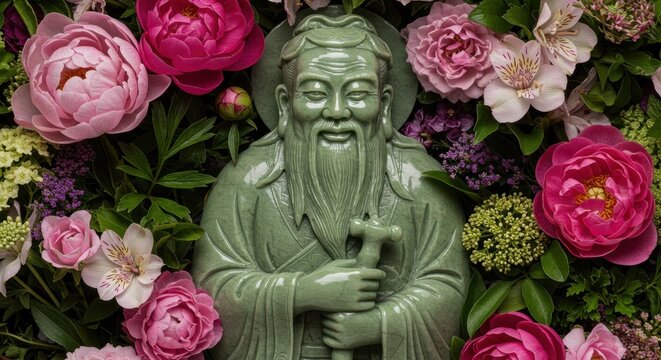 Jade Statue of Lao Tzu, Encircled by a Vibrant Floral Arrangement