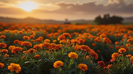 Low Perspective Cinematic View of a Wide Marigold Garden