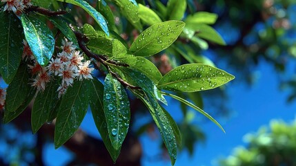 Dewy Green Leaves Against Bright Blue Sky