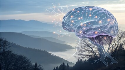 Human brain connected to nature and mountain landscape
