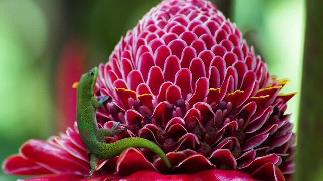 A tiny green gecko climbs a waxy red torch ginger bloom, toes splayed against layered petals as soft bokeh and hints of yellow pollen suggest humid tropical stillness.