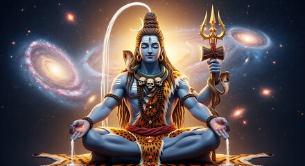 Fototapeta premium Lord Shiva meditating in cosmic space, holding a trident, with galaxies in the background.