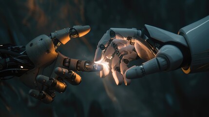 Photo of a human and robot hands touching fingers with a light flash in a dark background
