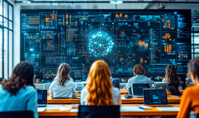 Group of people in tech classroom analyzing large digital data visualization screen with network and analytics graphics in modern learning environment