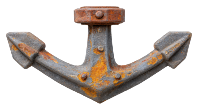 Rusty anchor isolated on transparent background with weathered metal texture and vintage style