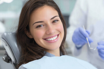 A smiling young woman sitting in a dental chair, showing healthy teeth during a dental checkup.