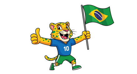 Cheerful Jaguar Mascot Waving Brazilian Flag and Giving Thumbs Up