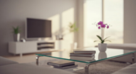 A minimalist living room with a modern TV stand, a glass coffee table with books and an orchid plant in the foreground, and soft lighting