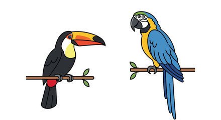 Colorful Toucan and Macaw Parrot Illustration on Branches