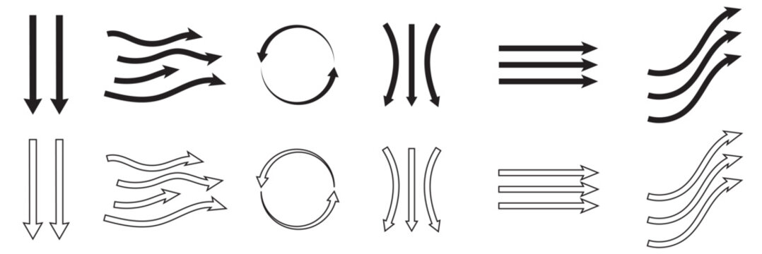 Set of vector arrows with Air flow and direction. Arrows in different styles showing movement, flow, rotation, and direction, useful for diagrams, presentations, and design projects. 
