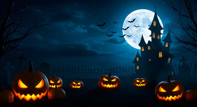 A spooky Halloween scene featuring glowing jack-o'-lanterns in a graveyard, a haunted castle on a hill, and a full moon with bats.