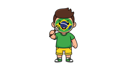 Cute cartoon boy painting the Brazilian flag on his face