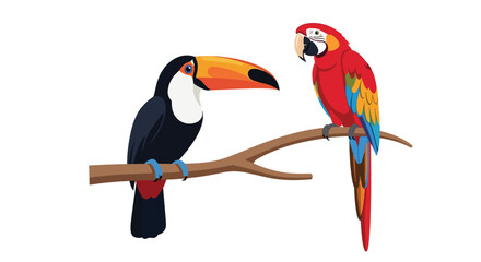 Exotic Toucan and Scarlet Macaw Parrot on a Branch