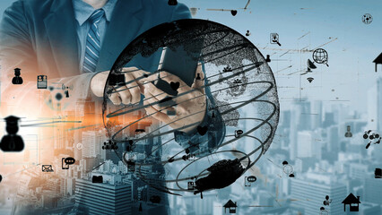 A businessman interacts with a mobile device surrounded by global connectivity symbols, showcasing the fusion of technology and urban business potential. Xenic