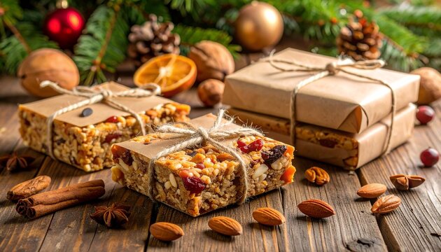 Delicious homemade granola bars with cranberries and nuts, beautifully wrapped as holiday gifts, set against a festive Christmas background on a rustic wooden table - Powered by Adobe