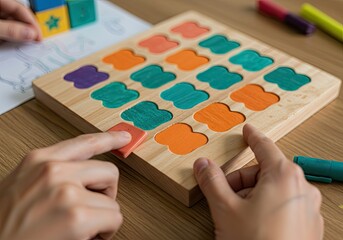 Fototapeta premium Hands playing a colorful wooden matching game, colorful paper background