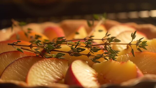 Peach slices in a tart with fresh thyme