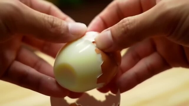 Peeling a boiled egg.  Hands gently separating the shell from the egg