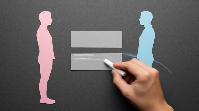 Illustration of gender equality with silhouettes and chalk on a surface.