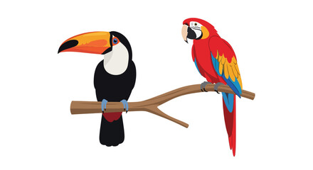 Toucan and Macaw Birds on Branch
