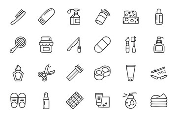 Minimalist outline icons of beauty and personal care products on black