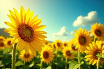 Obraz premium Vibrant sunflowers, bright yellow petals, sunny sky backdrop, background, garden