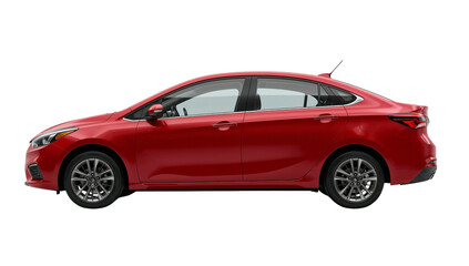 Obraz premium Vivid red sedan showcasing elegant design and aerodynamic profile on isolated transparent canvas