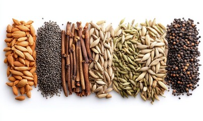 Macro shot of cumin and caraway seeds arranged in a line, isolated on a white background, highlighting the texture and beauty of these aromatic spices, Generative AI