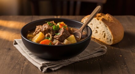Rustic Beef Stew in Dark Bowl with Crusty Bread