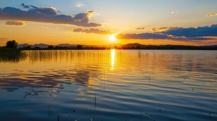 Obraz premium Sunset Reflection on a Calm Lake with Distant Hills