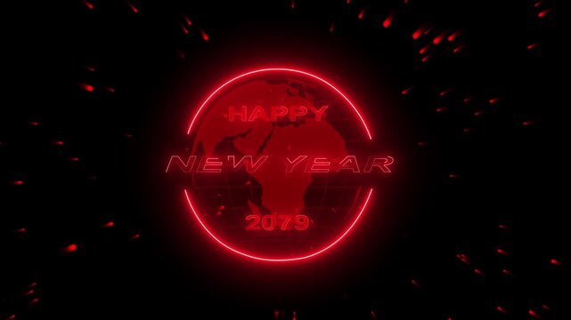4k video 2079 concept of new year beginning, happy celebration, festival, new life, growth of business investment, finance, innovation. Glowing neon line word of Happy New Year 2079 on virtual screen.