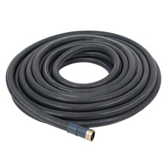 Coiled Black and White Speckled Garden Hose with Brass Connector isolated on transparent background