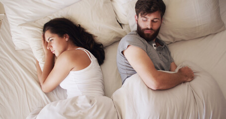 Above, argument and ignore with couple in bed together for disagreement or relationship...