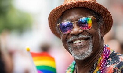 Happy senior Black man wearing a rainbow pride flag, celebrating LGBTQ+ rights at a Pride parade. The image captures the joy of an elderly African American man  diversity and inclusion, Generative AI