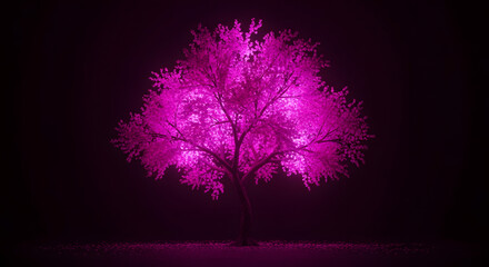 Illuminated Arboretum: A Vibrant Pink Tree Bathed in Ethereal Light, Standing as a Beacon of Serenity Amidst the Dark Landscape Showcasing Nature's Mysterious Allure