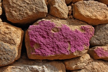 Pink paint splattered on a rough-hewn stone wall