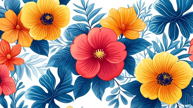 Repeat Pattern: Stylized Digital Flowers and Leaves on White Background (Red, Orange, Yellow Flowers with Dark Centers, Light to Deep Indigo Leaves), Seamless Decorative Design