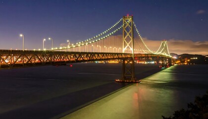 Night view of illuminated suspension bridge over water