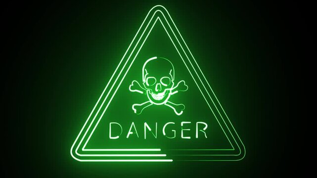 Attractive Toxic Hazard Warning Animation Green Neon Skull and Crossbones Danger Light black background