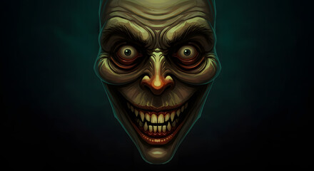 Creepy, clown-like face with a wide, toothy grin.