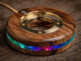 Circular wooden pendant with brass inlay and vibrant resin accents