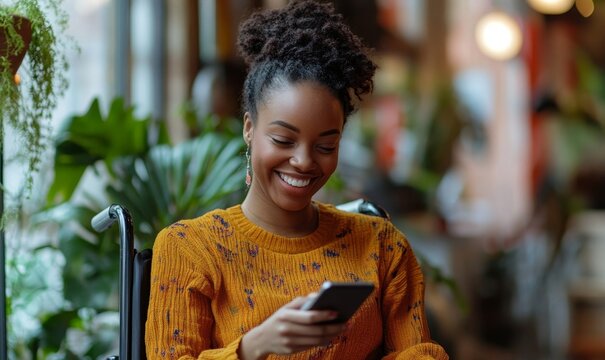 Happy disabled mixed-race Black woman in a wheelchair, smiling while texting on her smartphone. The image represents disability inclusion and diversity in both workplace and social, Generative AI