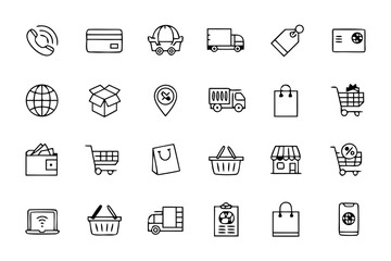 Minimalist White Line Icons on Black Background Representing Various Business Concepts