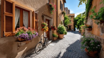 Naklejka premium street in a small Italian town, lined with rustic stone buildings in warm earthy tones
