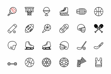 Collection of various sports equipment icons in outline style on white background