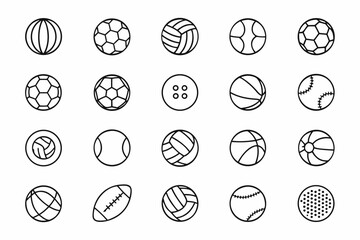 Collection of various sports balls and button icons in outline style