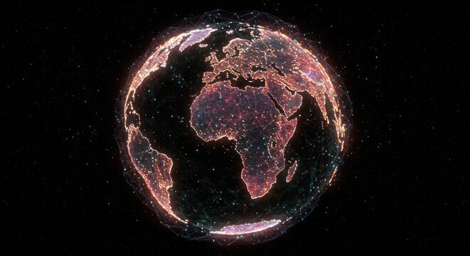 Illuminated Digital Earth Globe with Connected Network in Space